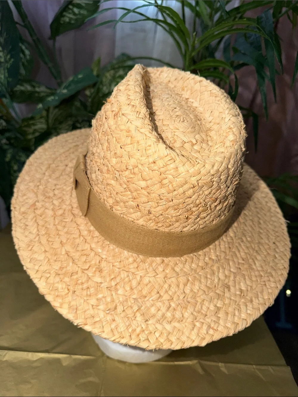 Natural Straw Fedora Hat with Light Tan Band